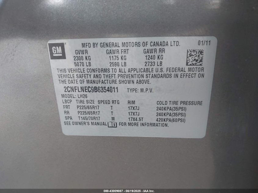 2011 Chevrolet Equinox 2Lt VIN: 2CNFLNEC9B6354011 Lot: 43009087