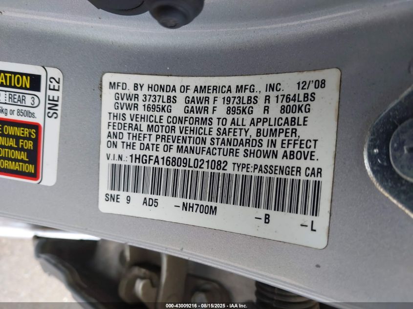 2009 Honda Civic Ex VIN: 1HGFA16809L021082 Lot: 43009216