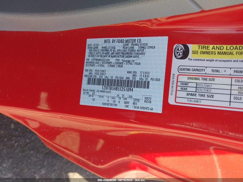 2005 Ford Mustang Gt VIN: 1ZVFT85H855251094 Lot: 43009236