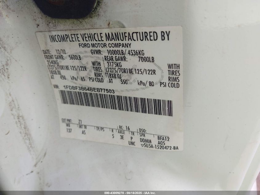 2011 Ford F-350 Xl VIN: 1FDBF3B64BEB77503 Lot: 43009278