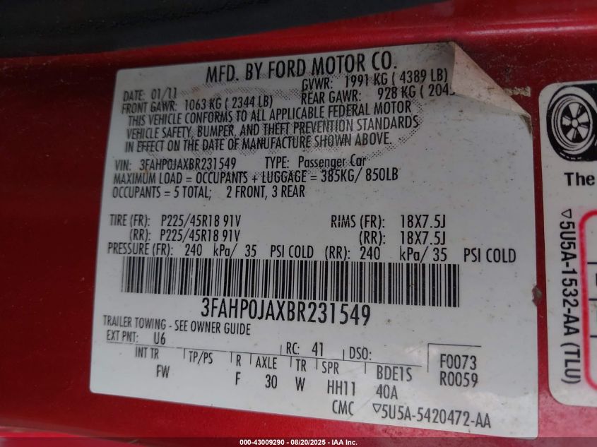 2011 Ford Fusion Sel VIN: 3FAHP0JAXBR231549 Lot: 43009290