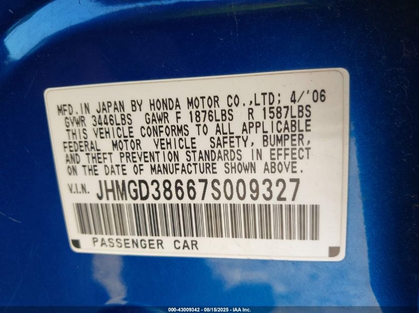 2007 Honda Fit Sport VIN: JHMGD38667S009327 Lot: 43009342