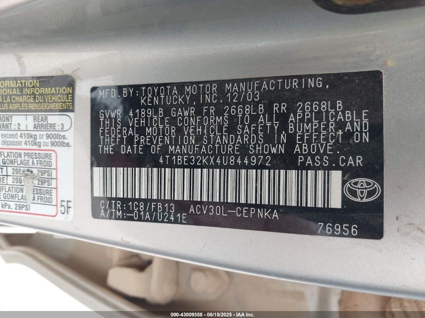 2004 Toyota Camry Le VIN: 4T1BE32KX4U844972 Lot: 43009358