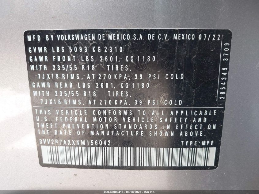 2022 Volkswagen Tiguan 2.0T Se VIN: 3VV2B7AXXNM156043 Lot: 43009418