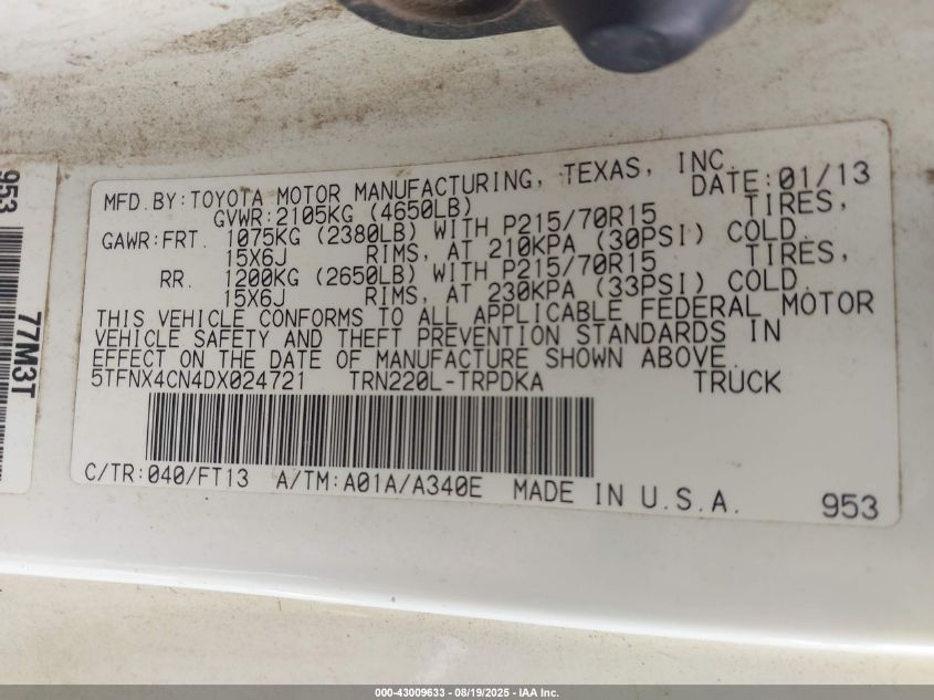 2013 Toyota Tacoma VIN: 5TFNX4CN4DX024721 Lot: 43009633