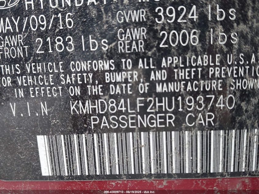2017 Hyundai Elantra Limited VIN: KMHD84LF2HU193740 Lot: 43009713