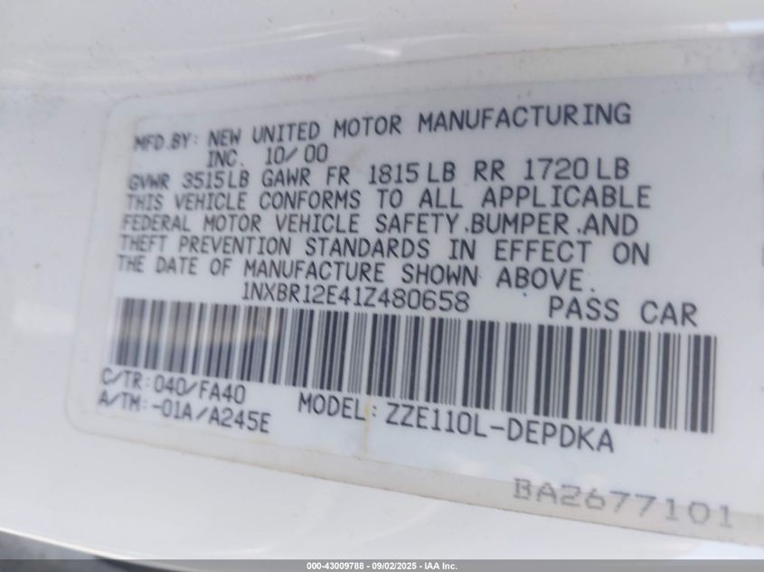 2001 Toyota Corolla Le VIN: 1NXBR12E41Z480658 Lot: 43009788