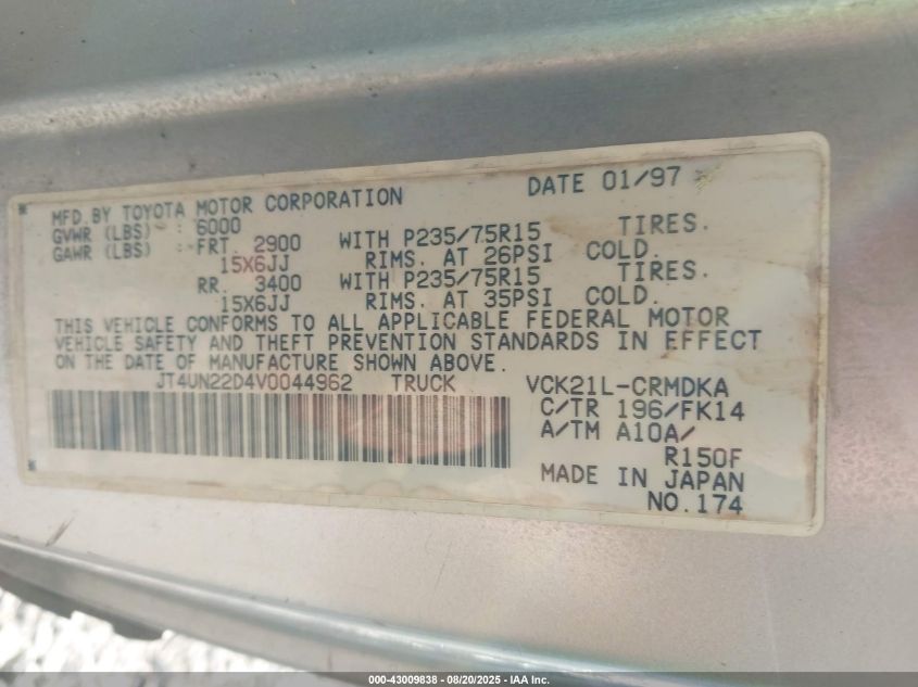 1997 Toyota T100 Dx V6 VIN: JT4UN22D4V0044962 Lot: 43009838