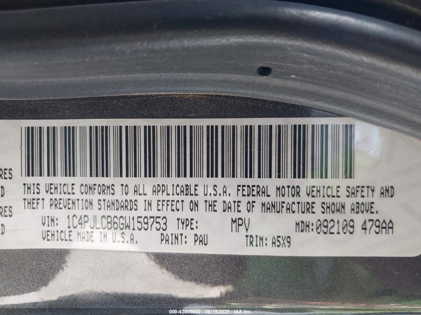 2016 Jeep Cherokee Latitude VIN: 1C4PJLCB6GW159753 Lot: 43009850