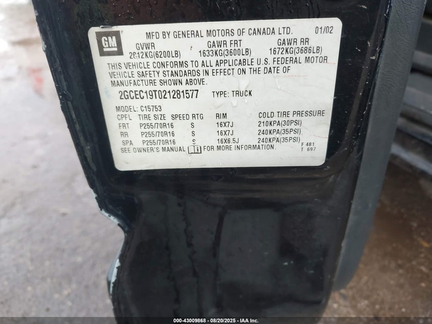 2002 Chevrolet Silverado 1500 Ls VIN: 2GCEC19T021281577 Lot: 43009868