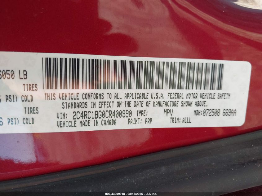 2012 Chrysler Town & Country Touring VIN: 2C4RC1BG0CR400990 Lot: 43009918