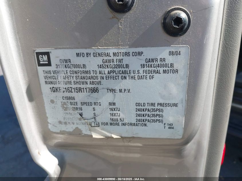 2005 GMC Yukon Xl 1500 Sle VIN: 1GKEC16Z15R117666 Lot: 43009990