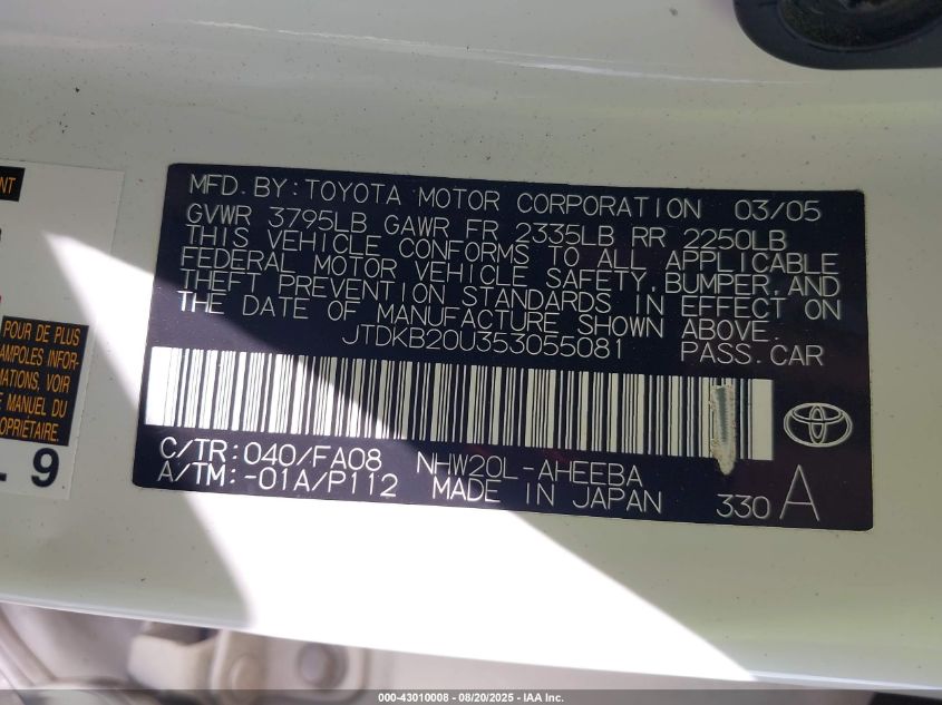 2005 Toyota Prius VIN: JTDKB20U353055081 Lot: 43010008