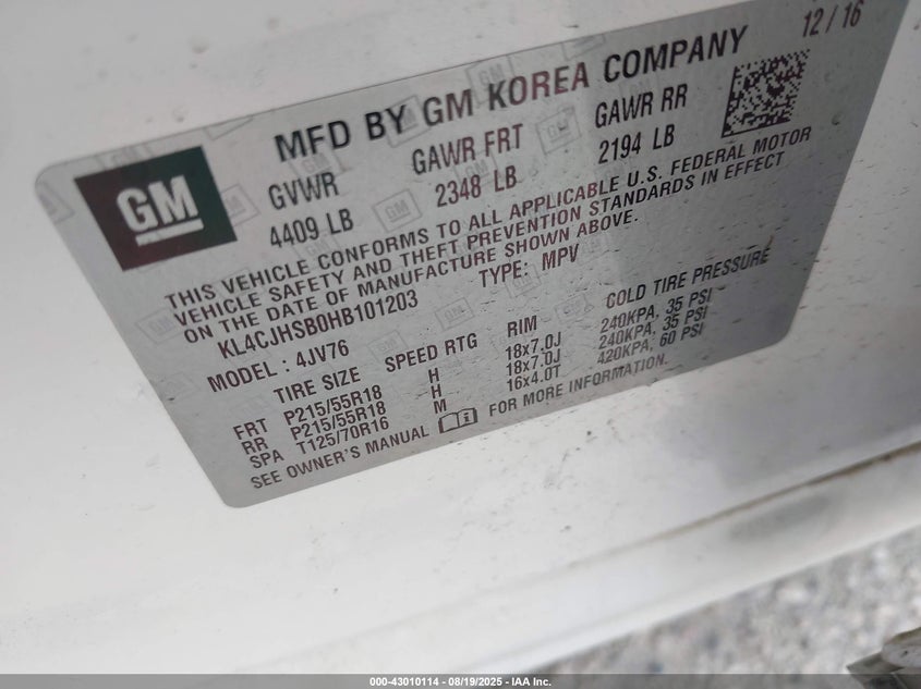 VIN KL4CJHSB0HB101203 2017 BUICK ENCORE PREMIUM