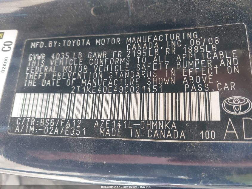 2009 Toyota Matrix S VIN: 2T1KE40E49C021451 Lot: 43010117