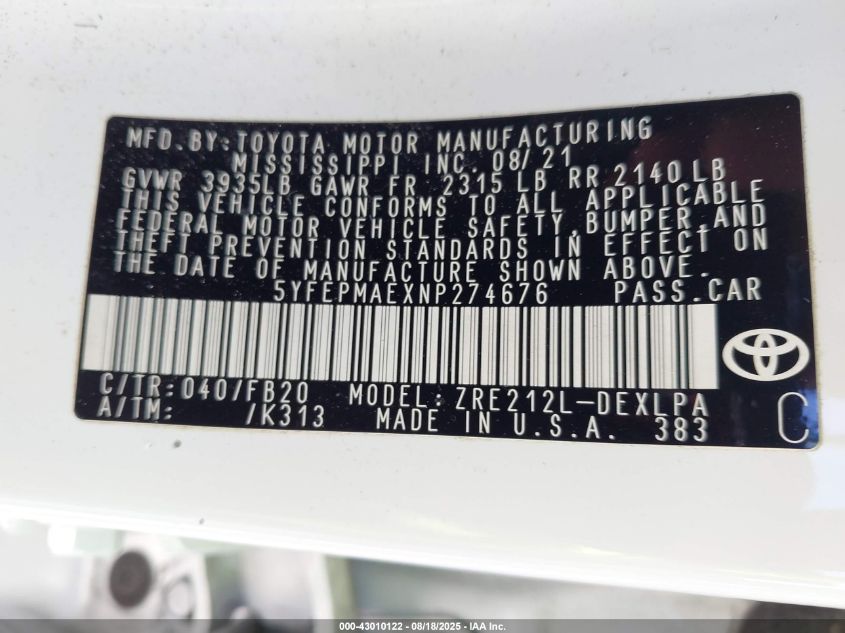 2022 Toyota Corolla Le VIN: 5YFEPMAEXNP274676 Lot: 43010122