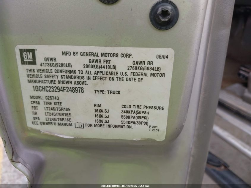 2004 Chevrolet Silverado 2500Hd Lt VIN: 1GCHC23294F248978 Lot: 43010193