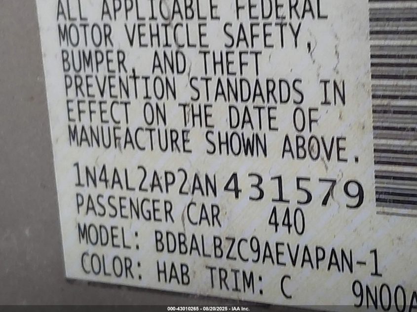 2010 Nissan Altima 2.5 S VIN: 1N4AL2AP2AN431579 Lot: 43010265