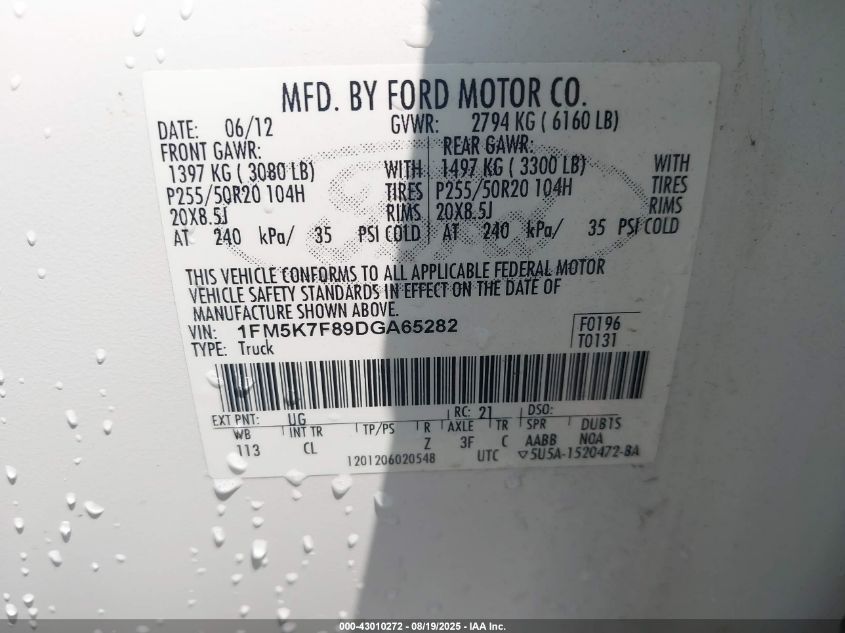 2013 Ford Explorer Limited VIN: 1FM5K7F89DGA65282 Lot: 43010272