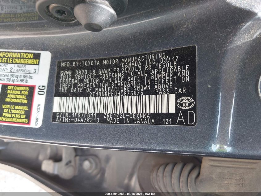 2017 Toyota Corolla Le VIN: 2T1BURHE0HC876876 Lot: 43010288