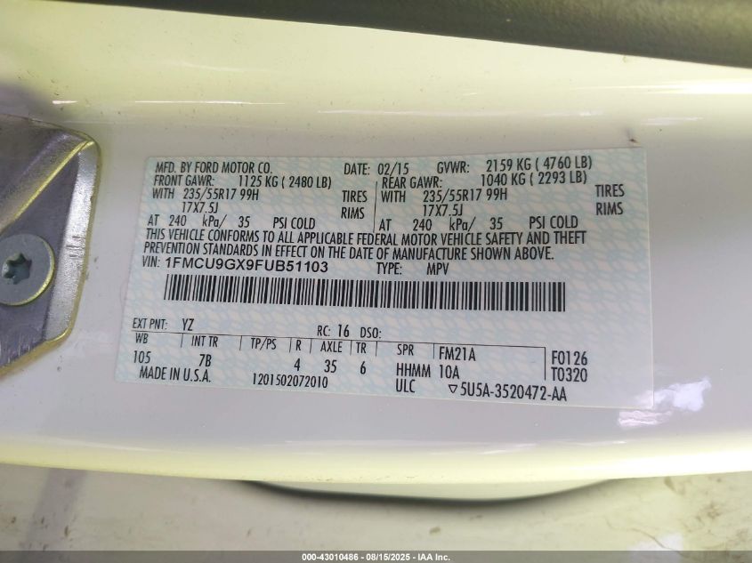 2015 Ford Escape Se VIN: 1FMCU9GX9FUB51103 Lot: 43010486