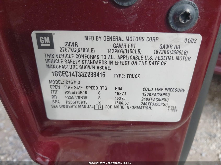 2003 Chevrolet Silverado 1500 Ls VIN: 1GCEC14T33Z238416 Lot: 43010576