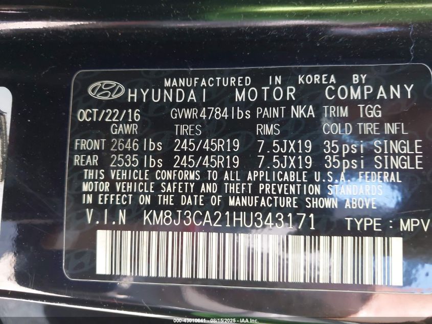 2017 Hyundai Tucson Sport VIN: KM8J3CA21HU343171 Lot: 43010641