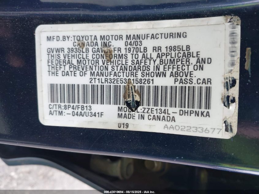 2003 Toyota Matrix Xr VIN: 2T1LR32E53C158261 Lot: 43010694