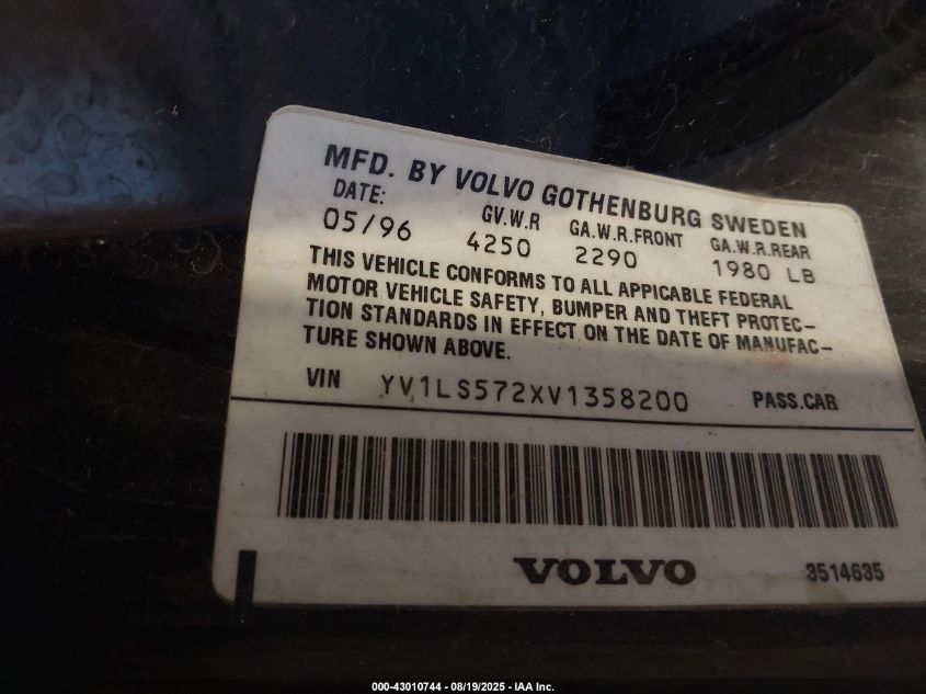 1997 Volvo 850 T5 VIN: YV1LS572XV1358200 Lot: 43010744