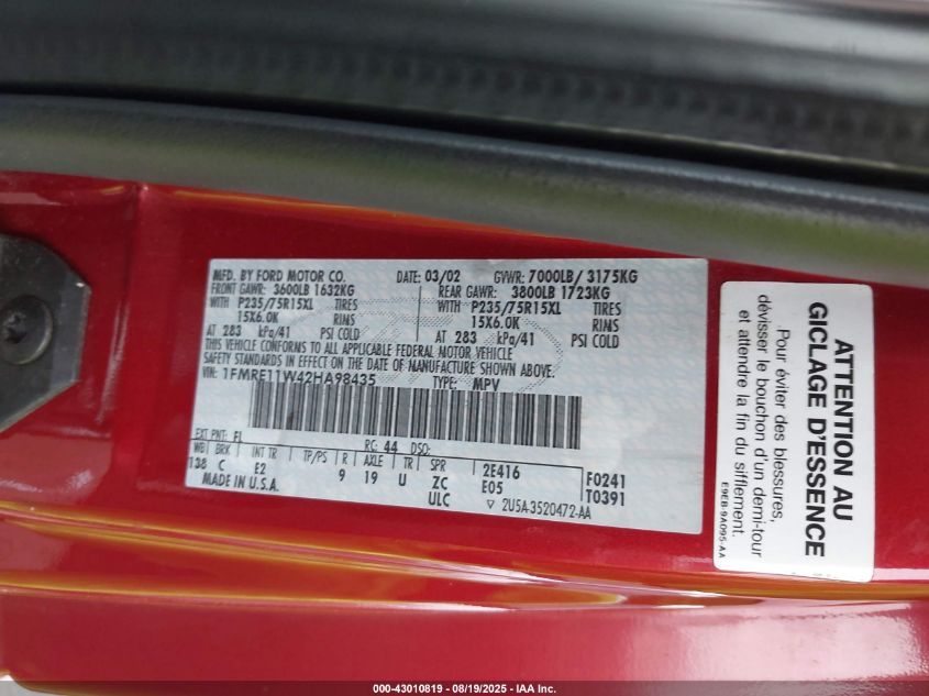 2002 Ford Econoline E150 Wagon VIN: 1FMRE11W42HA98435 Lot: 43010819