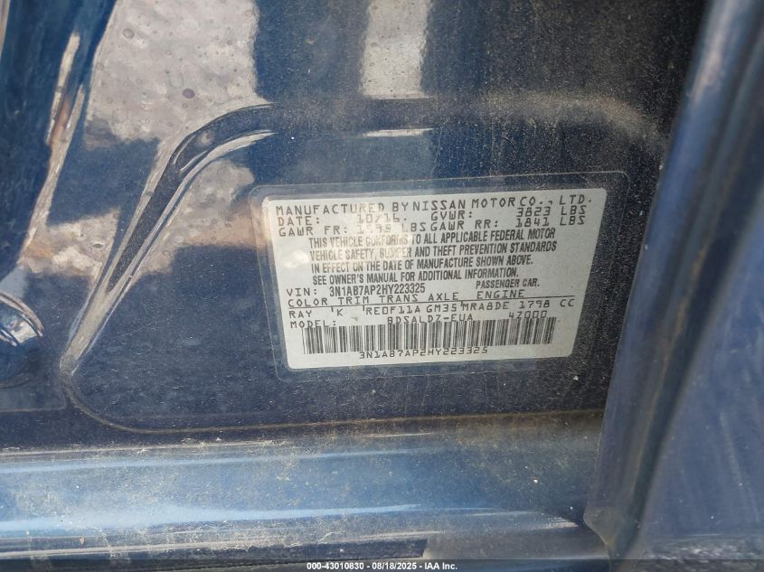 2017 Nissan Sentra Sv VIN: 3N1AB7AP2HY223325 Lot: 43010830