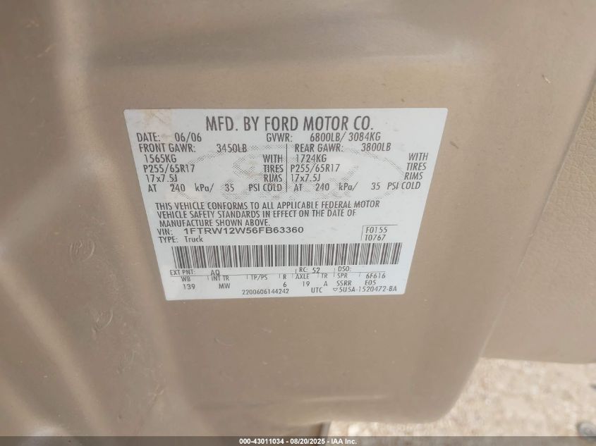 2006 Ford F-150 Xlt VIN: 1FTRW12W56FB63360 Lot: 43011034