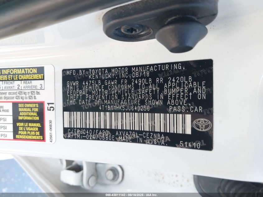 2018 Toyota Camry Le VIN: 4T1B11HK5JU643256 Lot: 43011143