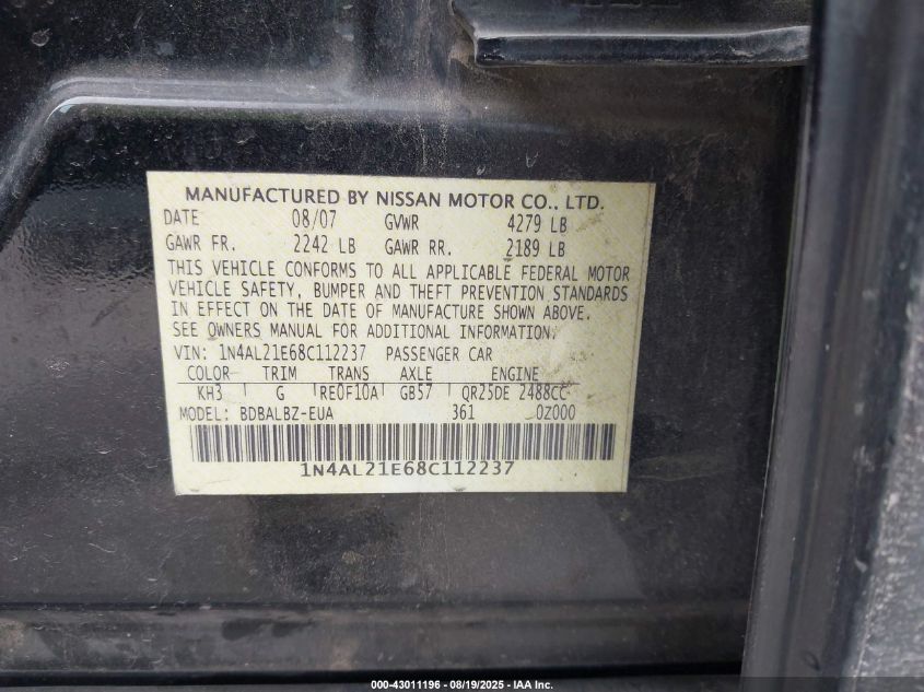 2008 Nissan Altima 2.5 S VIN: 1N4AL21E68C112237 Lot: 43011196