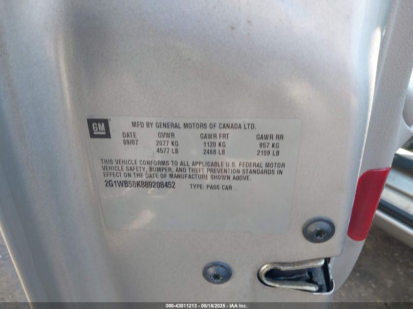 2008 Chevrolet Impala Ls VIN: 2G1WB58K889208452 Lot: 43011213