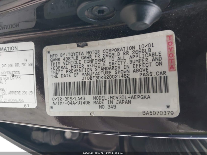 2002 Toyota Camry Xle V6 VIN: JTDBF30K820021482 Lot: 43011263