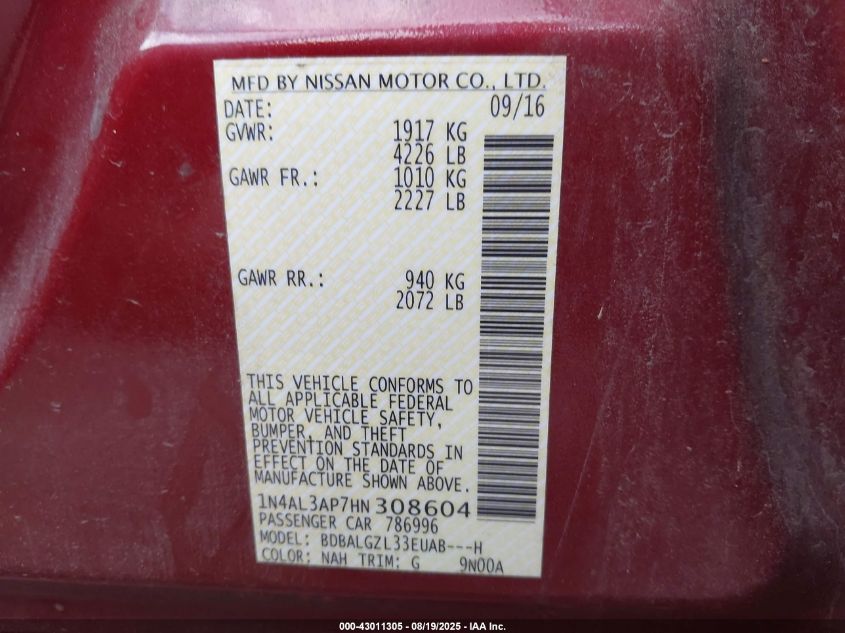 2017 Nissan Altima 2.5 S VIN: 1N4AL3AP7HN308604 Lot: 43011305