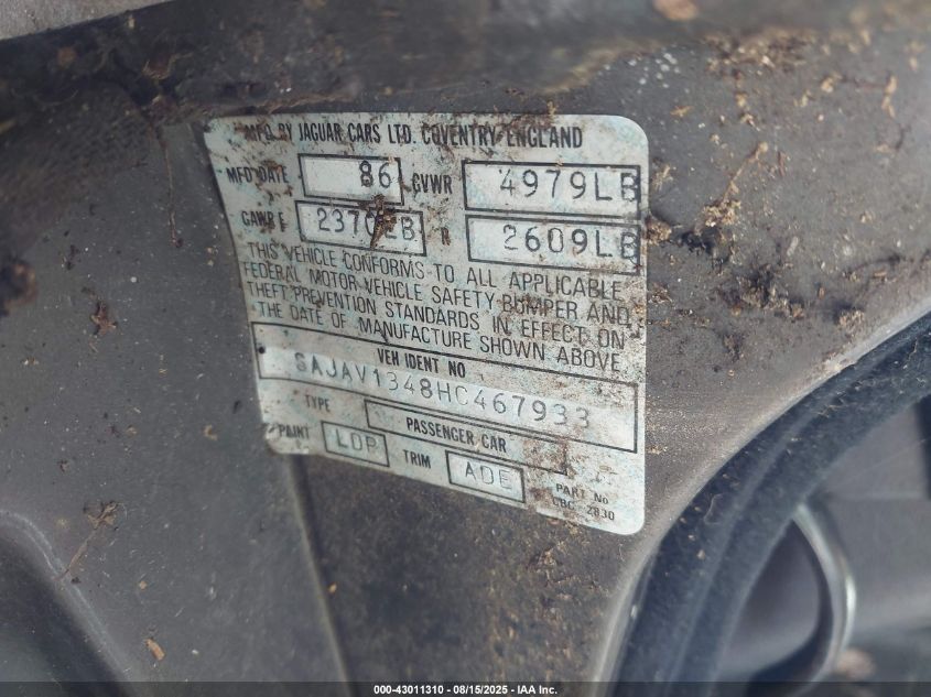 1987 Jaguar Xj6 VIN: SAJAV1348HC467933 Lot: 43011310
