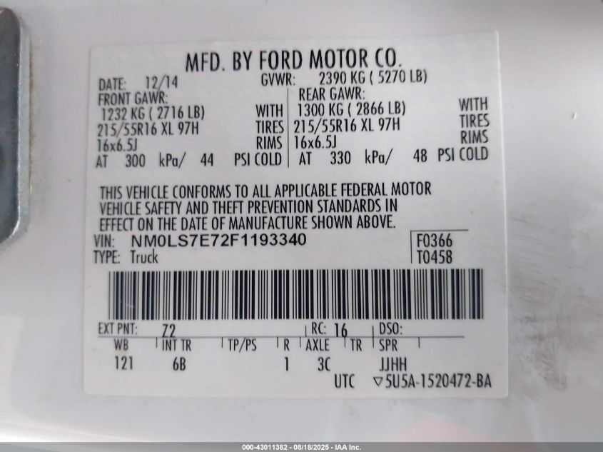 2015 Ford Transit Connect Xl VIN: NM0LS7E72F1193340 Lot: 43011382