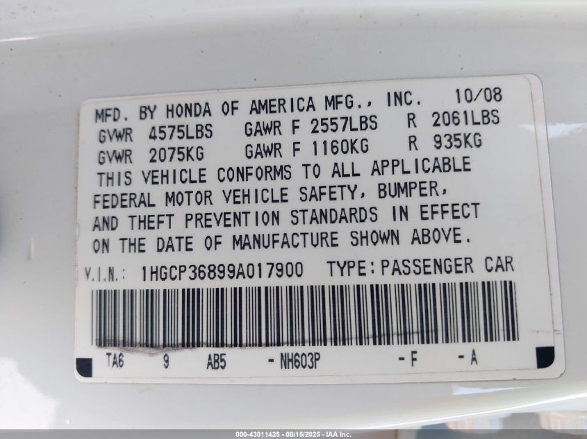 2009 Honda Accord Sdn VIN: 1HGCP36899A017900 Lot: 43011425