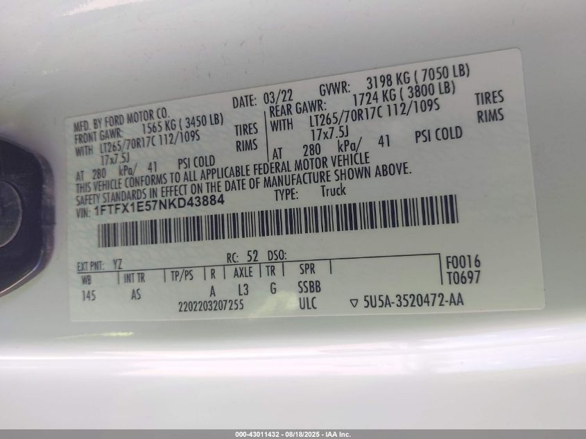 2022 Ford F-150 - 1FTFX1E57NKD43884