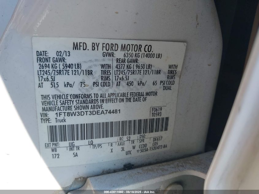 2013 Ford F-350 Lariat VIN: 1FT8W3DT3DEA74481 Lot: 43011560