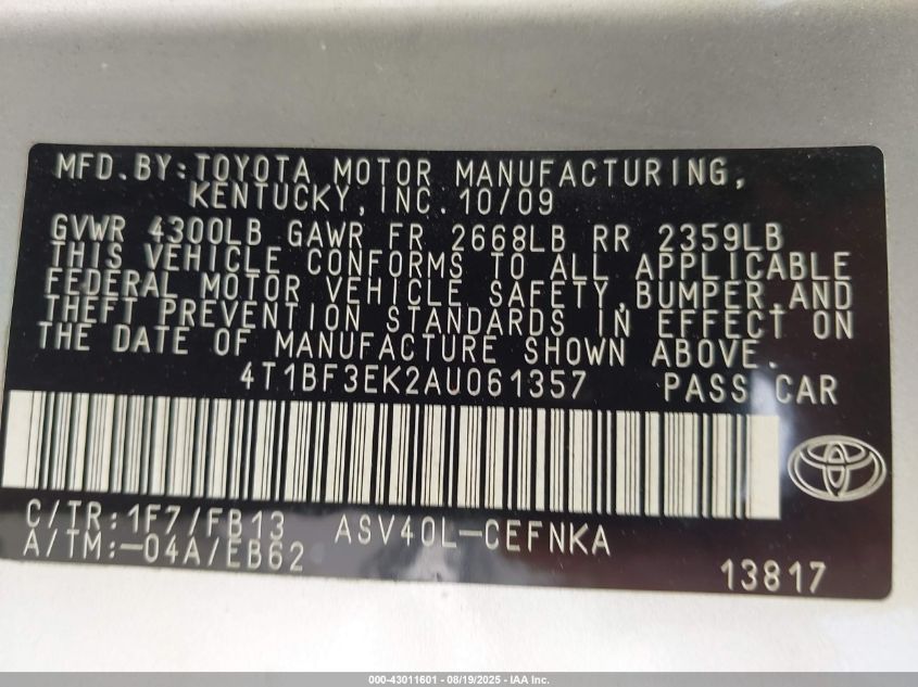 2010 Toyota Camry VIN: 4T1BF3EK2AU061357 Lot: 43011601