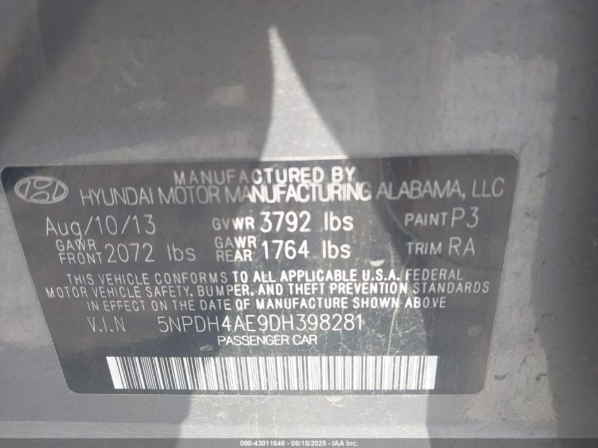 2013 Hyundai Elantra Gls VIN: 5NPDH4AE9DH398281 Lot: 43011646