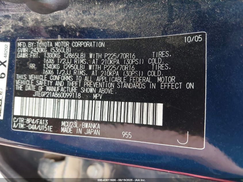 2006 Toyota Highlander V6 VIN: JTEGP21A860099118 Lot: 43011686