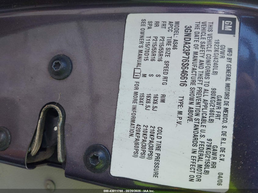 2006 Chevrolet Hhr Lt VIN: 3GNDA23P76S646616 Lot: 43011788