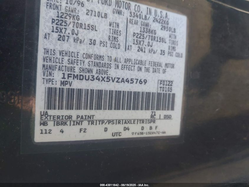 1997 Ford Explorer Eddie Bauer/Limited/Xl/Xlt VIN: 1FMDU34X5VZA45769 Lot: 43011842