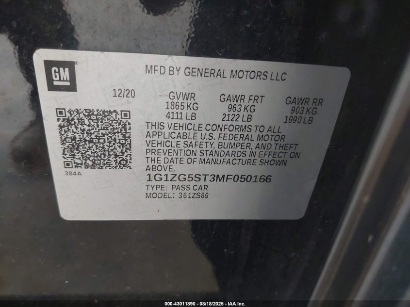 2021 Chevrolet Malibu Fwd Rs VIN: 1G1ZG5ST3MF050166 Lot: 43011890