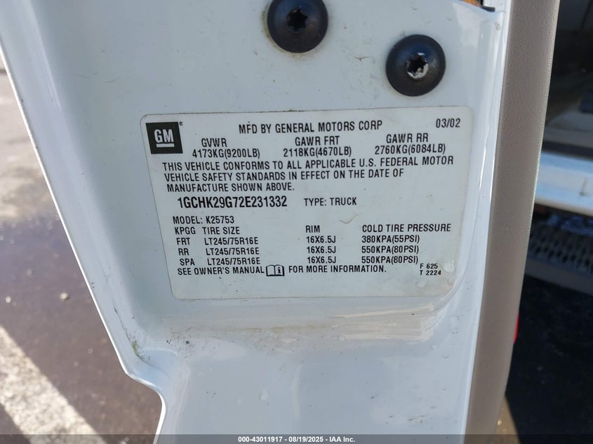 2002 Chevrolet Silverado 2500Hd Lt VIN: 1GCHK29G72E231332 Lot: 43011917