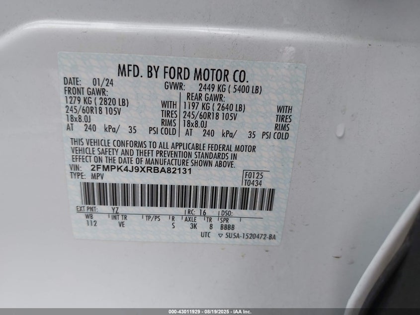 2024 Ford Edge Sel VIN: 2FMPK4J9XRBA82131 Lot: 43011929